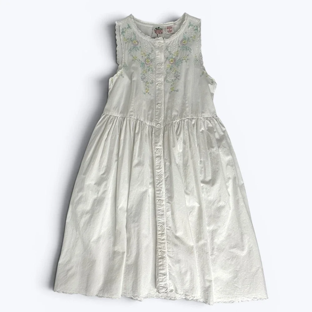 Vtg Radishes &‎ Roses Dress White Cotton Embroidered Pockets Cottagecore Girls 8